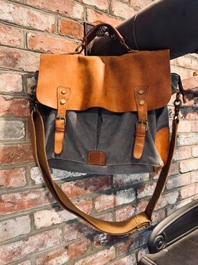 Messenger Laptop Bag - Brown Vegan Leather w/ Blue Cavas